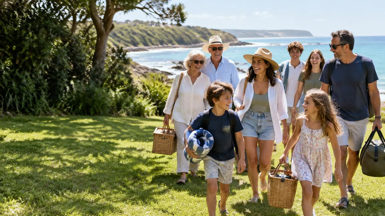 Multi-generational family enjoying a sunny coastal gathering together